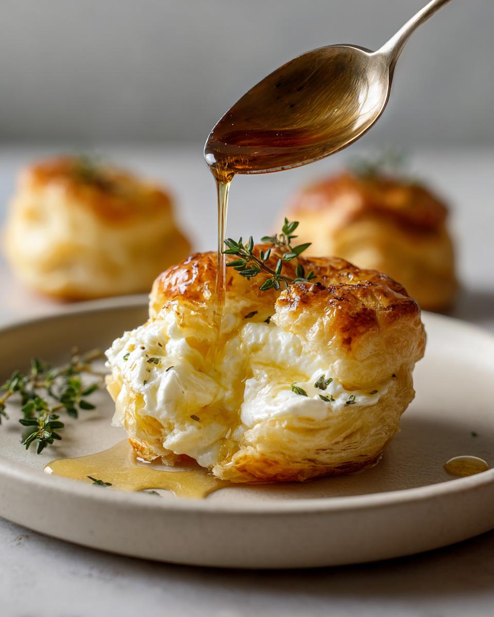 A close-up of a golden puff pastry filled with creamy goat cheese and drizzled with honey, garnished with thyme.