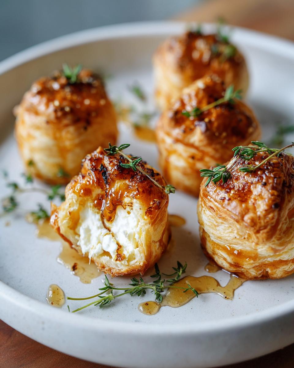 Close-up of golden puff pastry bites filled with creamy goat cheese and drizzled with honey, garnished with fresh thyme.