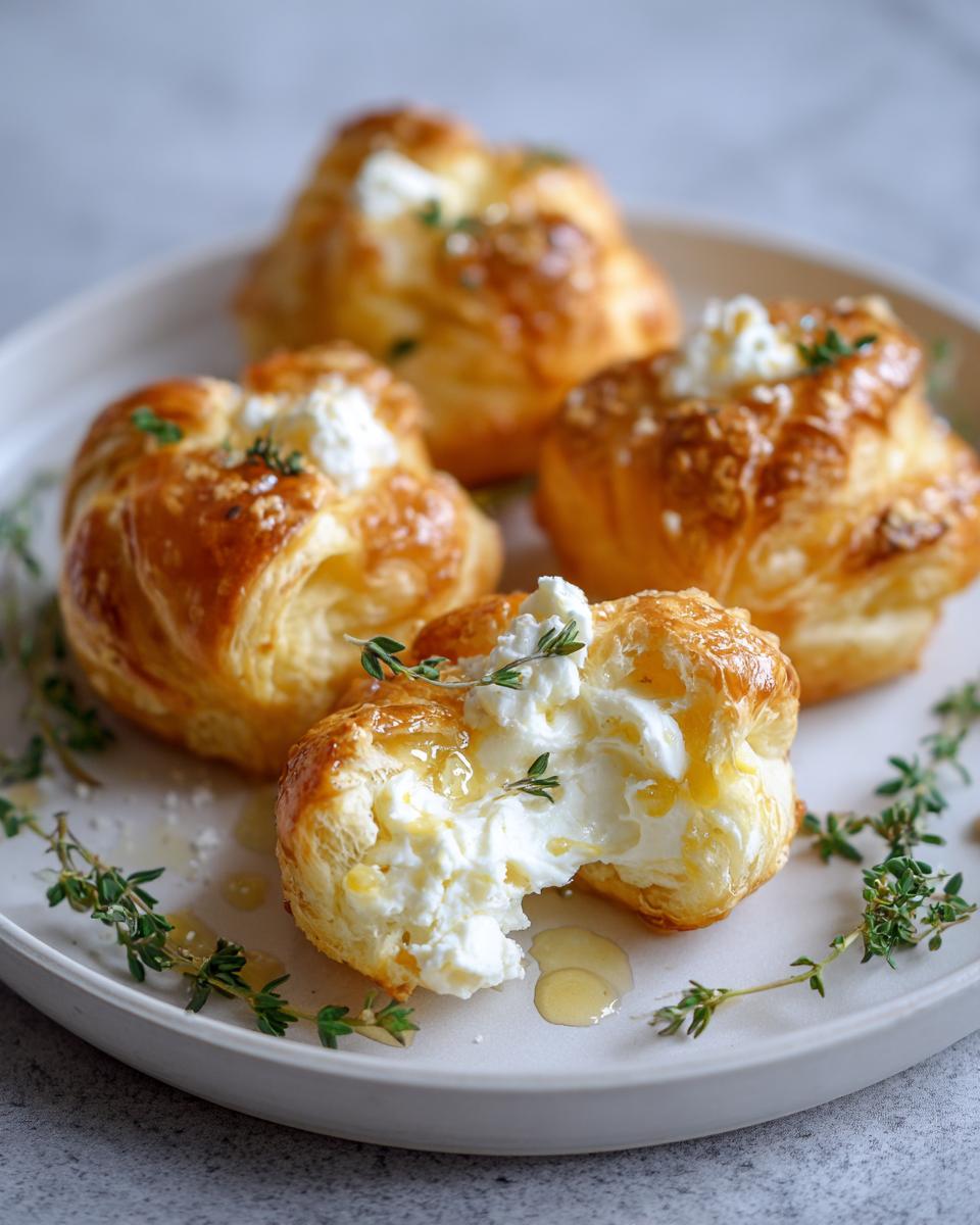 Close-up of delicious goat cheese and honey bites made with flaky puff pastry, topped with fresh thyme.