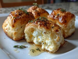 Close-up of golden puff pastry bites filled with creamy goat cheese and drizzled with honey, garnished with thyme.