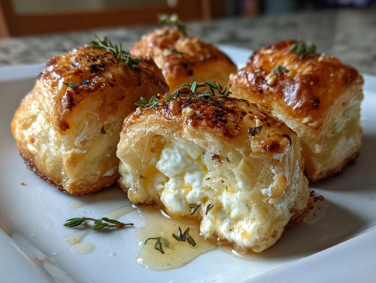 Close-up of golden puff pastry bites filled with creamy goat cheese and drizzled with honey, garnished with thyme.