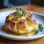 Close-up of golden-brown goat cheese and honey bites, topped with fresh thyme and sesame seeds, served in a light honey glaze.
