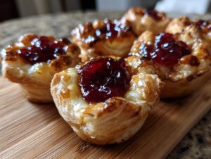Close-up of several golden, flaky puff pastry brie bites topped with melted brie and a dollop of dark red jam.