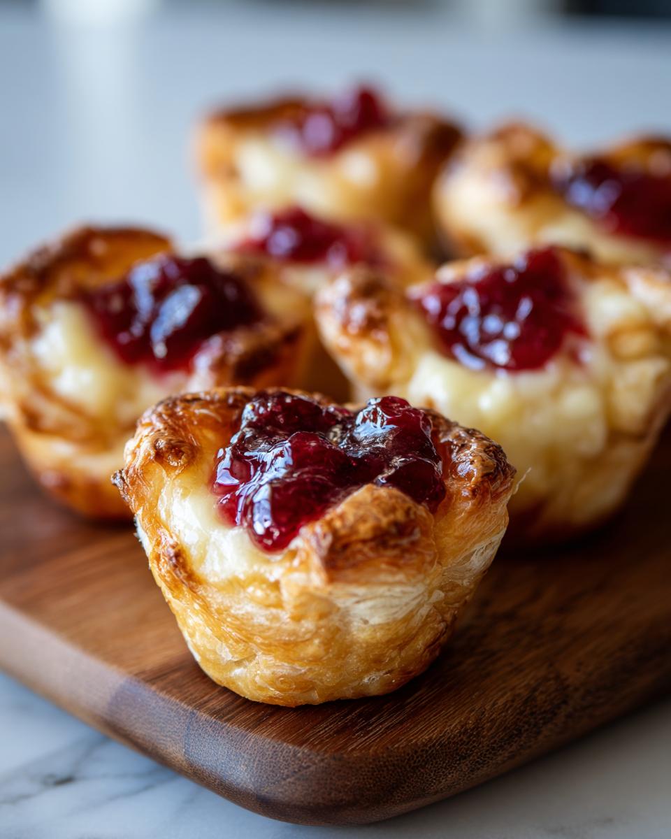 Close-up of flaky pastry brie bites filled with melted cheese and topped with glossy red jam.