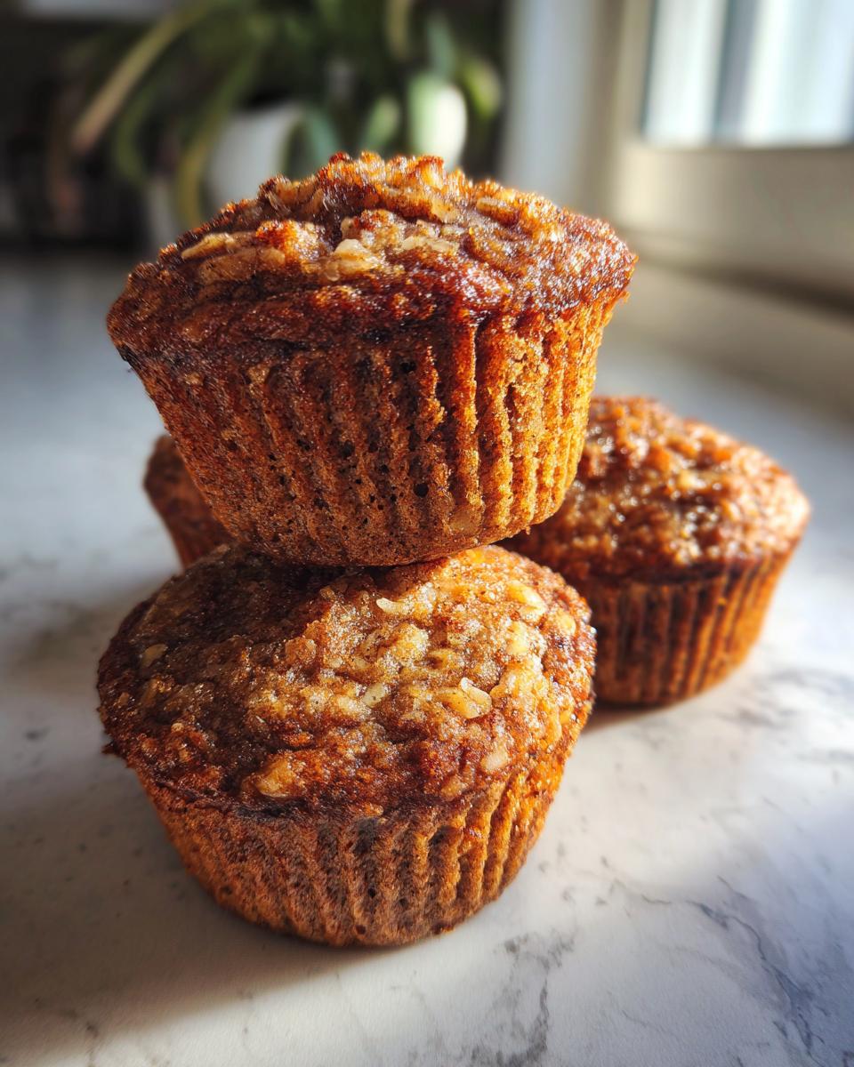 A stack of three freshly baked, golden brown bran muffins with a textured, slightly crunchy top.