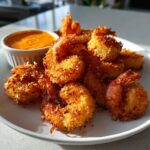 A plate piled high with perfectly fried, golden brown coconut shrimp served alongside a small bowl of orange dipping sauce.