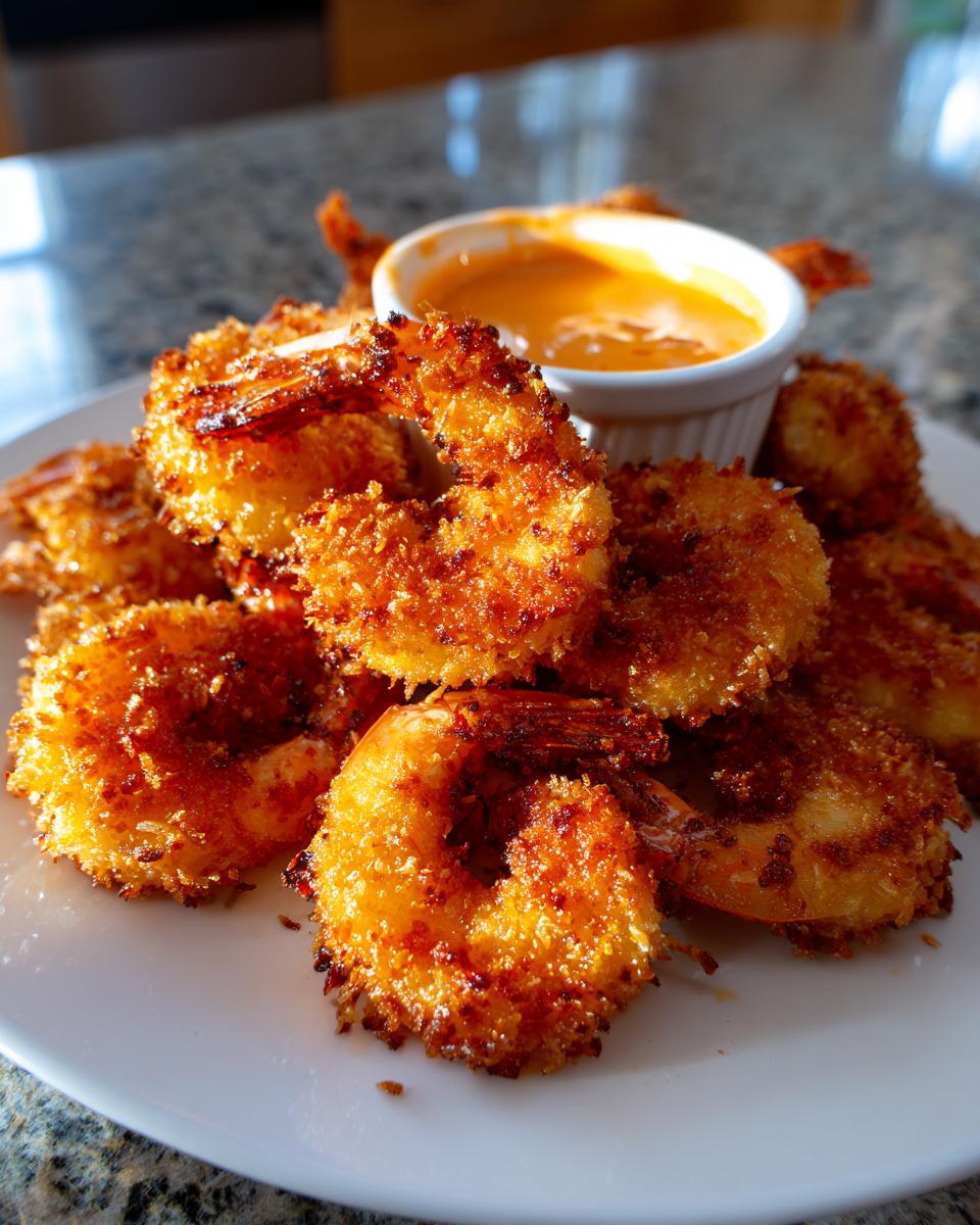 A pile of perfectly golden brown coconut shrimp served on a white plate with a small ramekin of orange dipping sauce.
