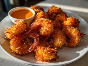 A plate piled high with crispy, golden brown coconut shrimp served with a small bowl of orange dipping sauce.