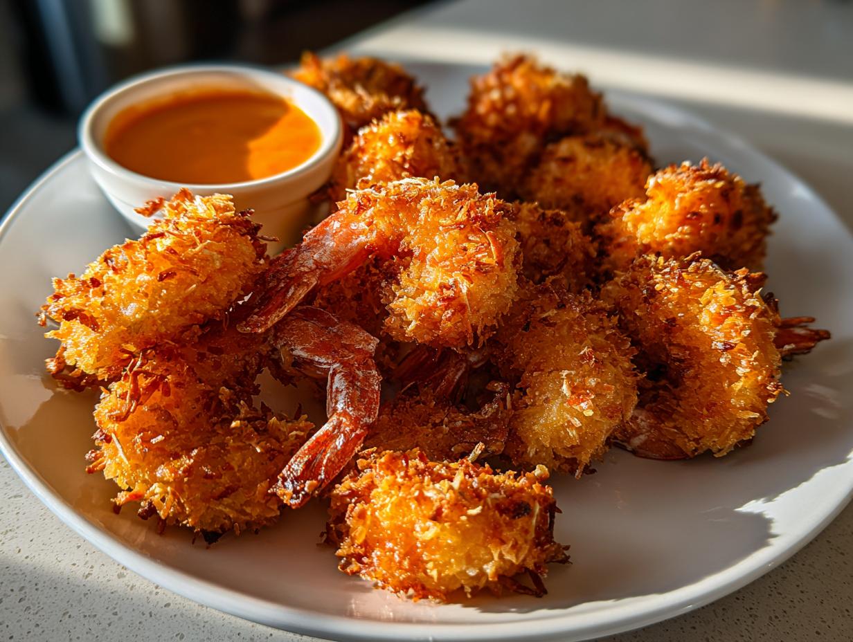 A plate piled high with crispy, golden brown coconut shrimp served with a small bowl of orange dipping sauce.