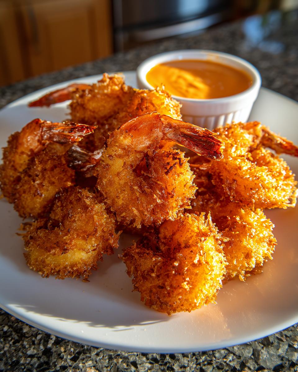 A plate of perfectly fried, golden brown coconut shrimp served with a small bowl of orange dipping sauce.