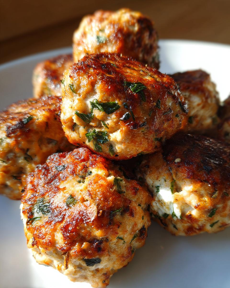 Close-up of several perfectly browned greek chicken meatballs seasoned with herbs, piled on a white plate.
