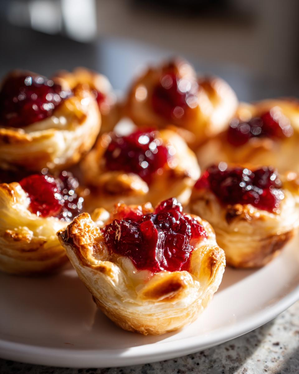 Close-up of several baked brie bites made with flaky pastry and topped with glistening red jam.
