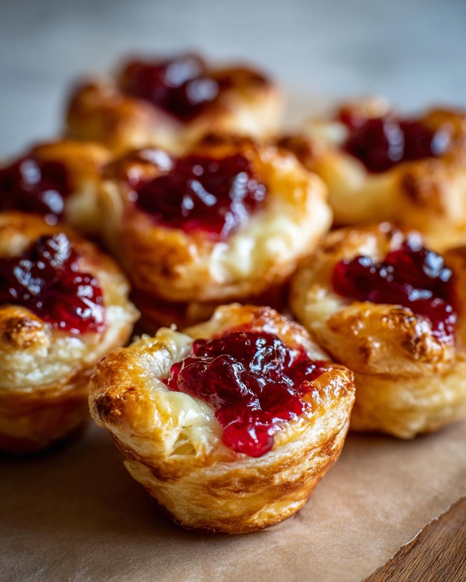 Close-up of flaky, golden puff pastry cups filled with melted brie and topped with bright red jam, showcasing delicious brie bites.