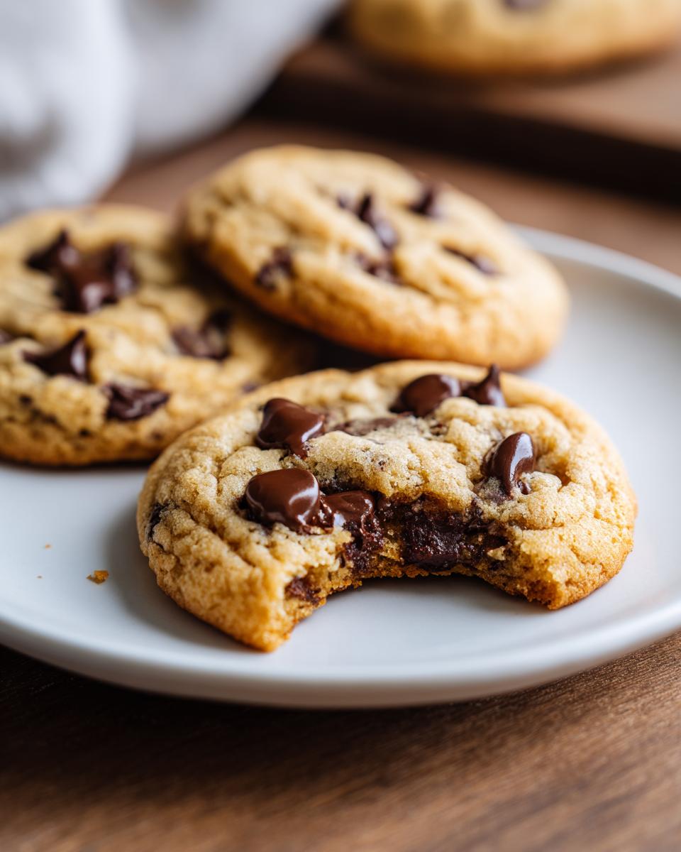A close-up of a soft, freshly baked chocolate chip cookie on a white plate, with a bite taken out revealing melted chocolate.