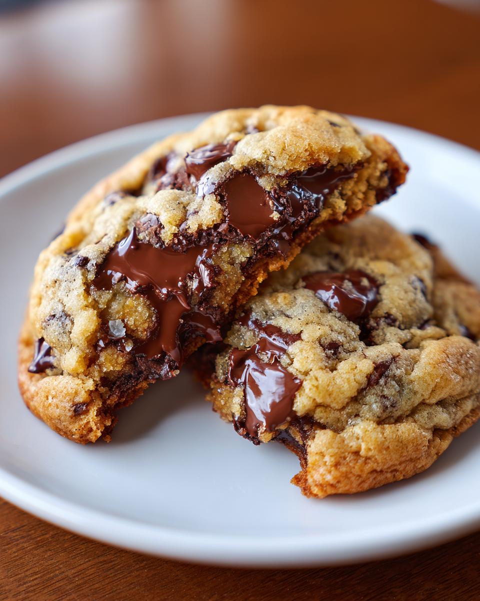 Close-up of a freshly baked chocolate chip cookie broken in half, revealing melted, gooey chocolate chips inside.