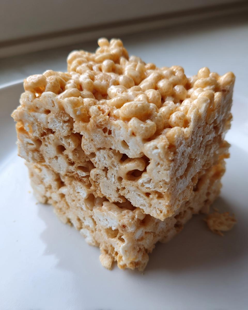 Two stacked squares of gooey peanut butter rice krispie treats showing the texture of puffed rice cereal.
