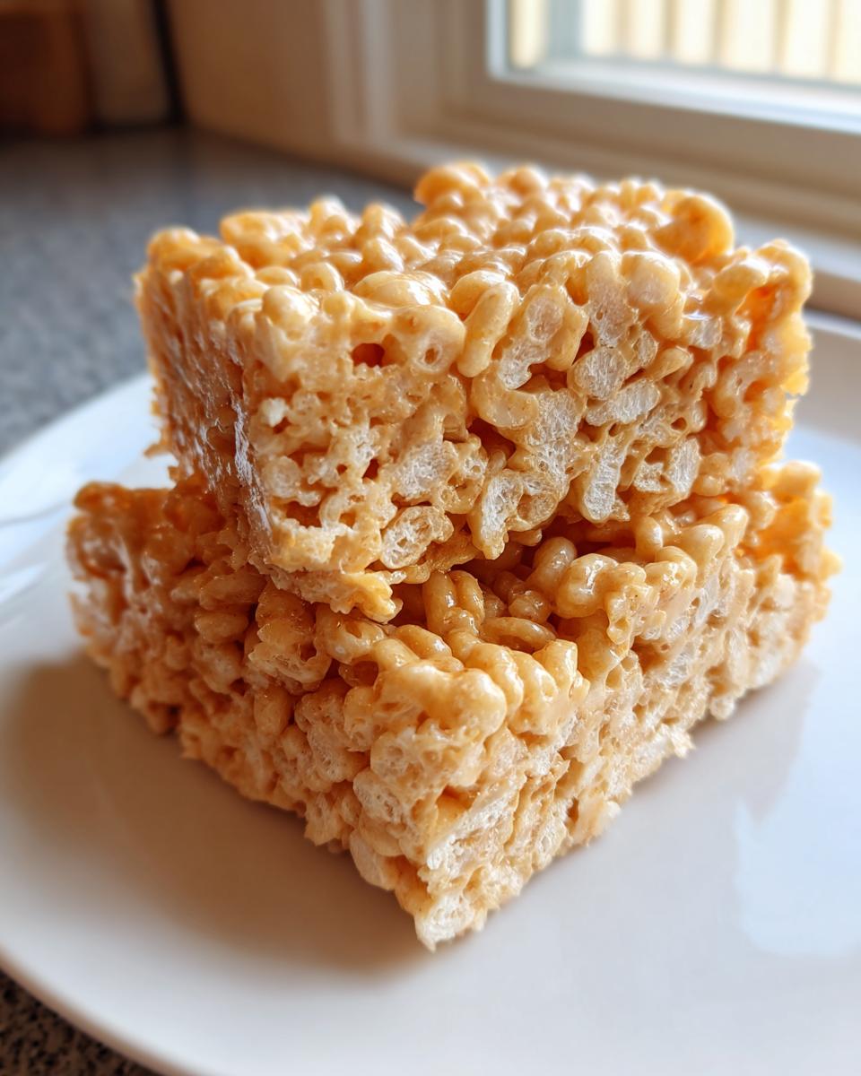 Two gooey peanut butter rice krispie treats stacked on a white plate, showing their chewy texture.