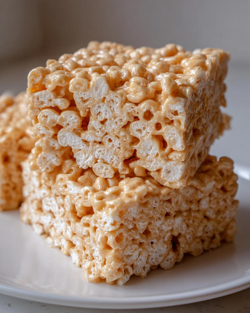 Close-up of two stacked, gooey peanut butter rice krispie treats showing the texture of the puffed rice cereal.