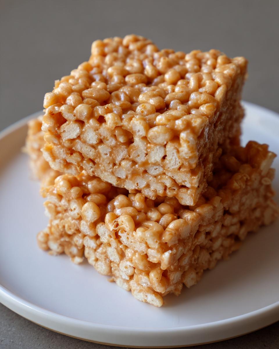 Close-up of two gooey peanut butter rice krispie treats stacked on a white plate.
