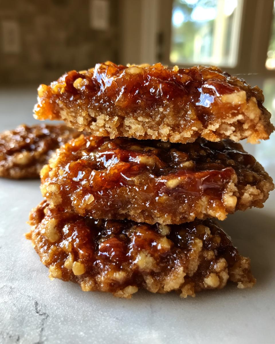 A close-up stack of three gooey pecan pie cookies showing the buttery shortbread base and sticky pecan topping.