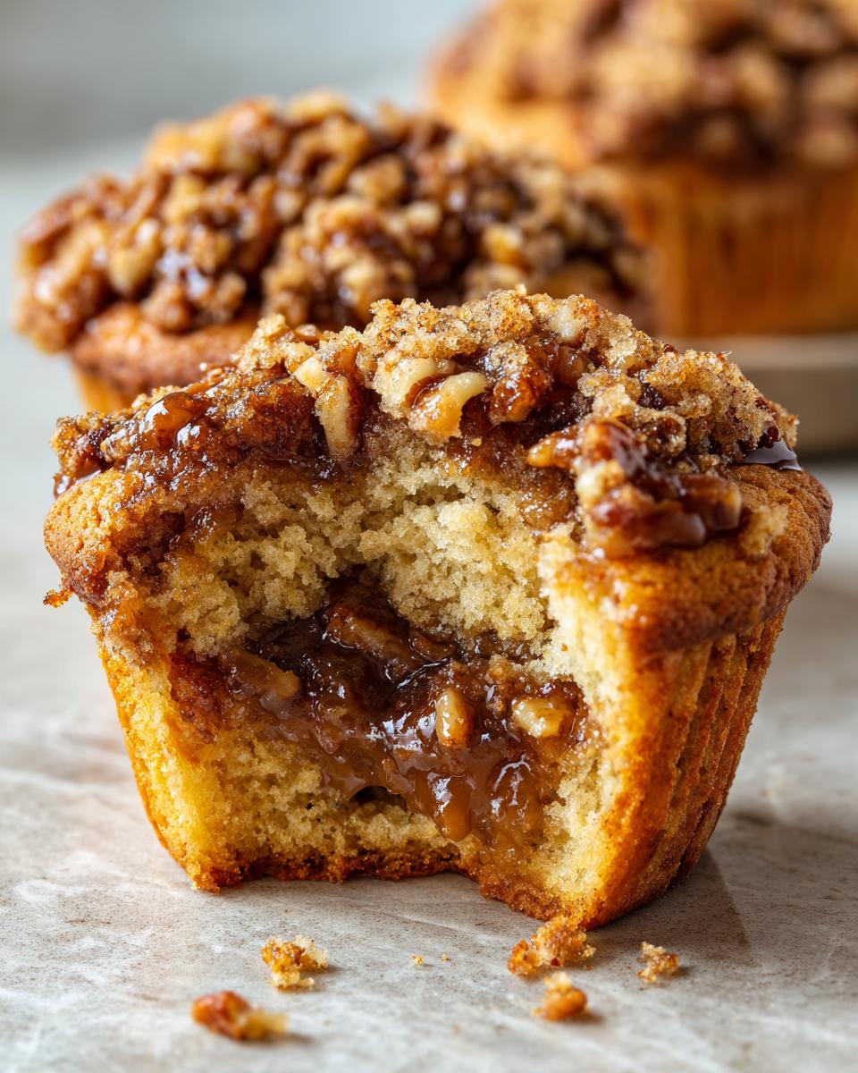 Close-up of a pecan pie muffin with a bite taken out, showing the gooey caramel pecan filling inside.