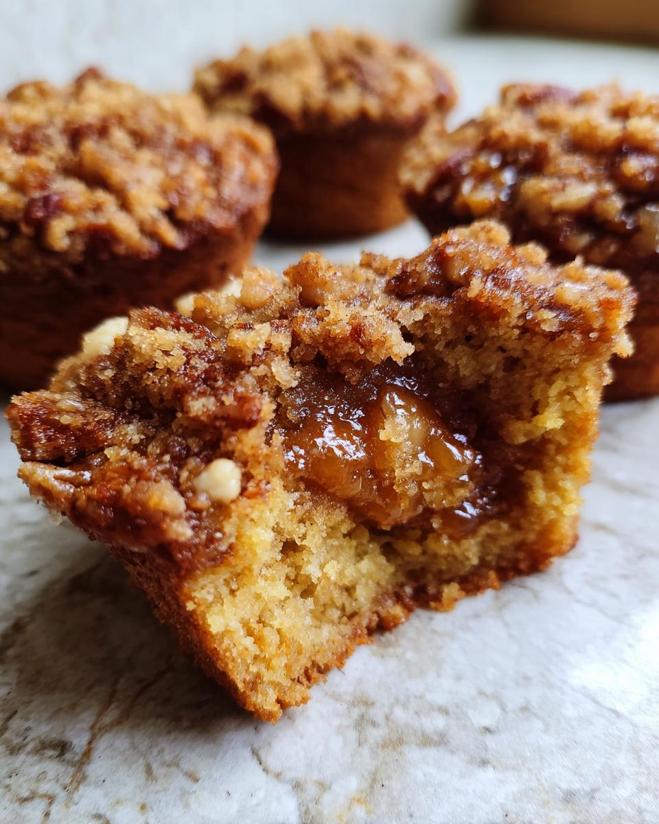 Close-up of a pecan pie muffin cut in half showing the gooey caramel filling inside the crumbly topping.