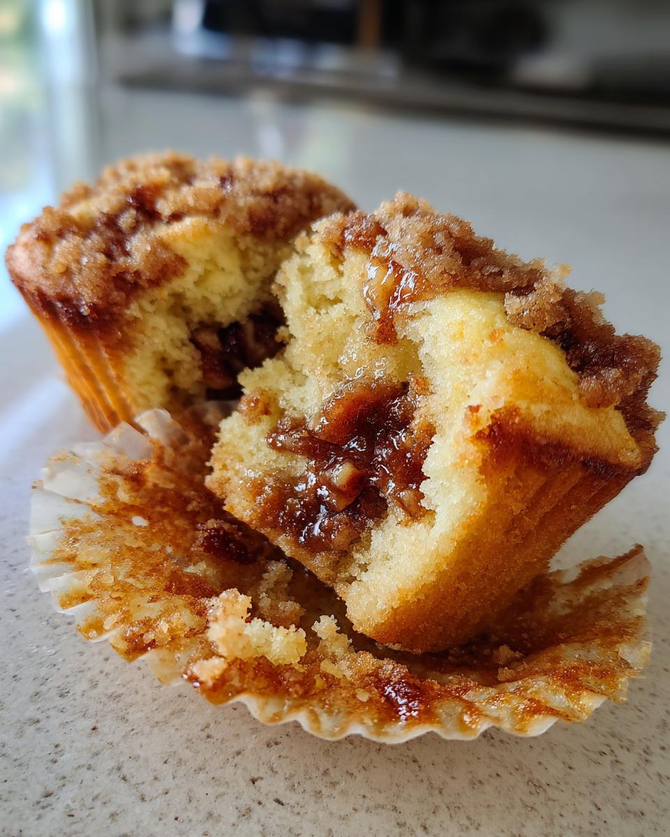 Close-up of a pecan pie muffin cut open showing the gooey pecan filling inside the soft cake.