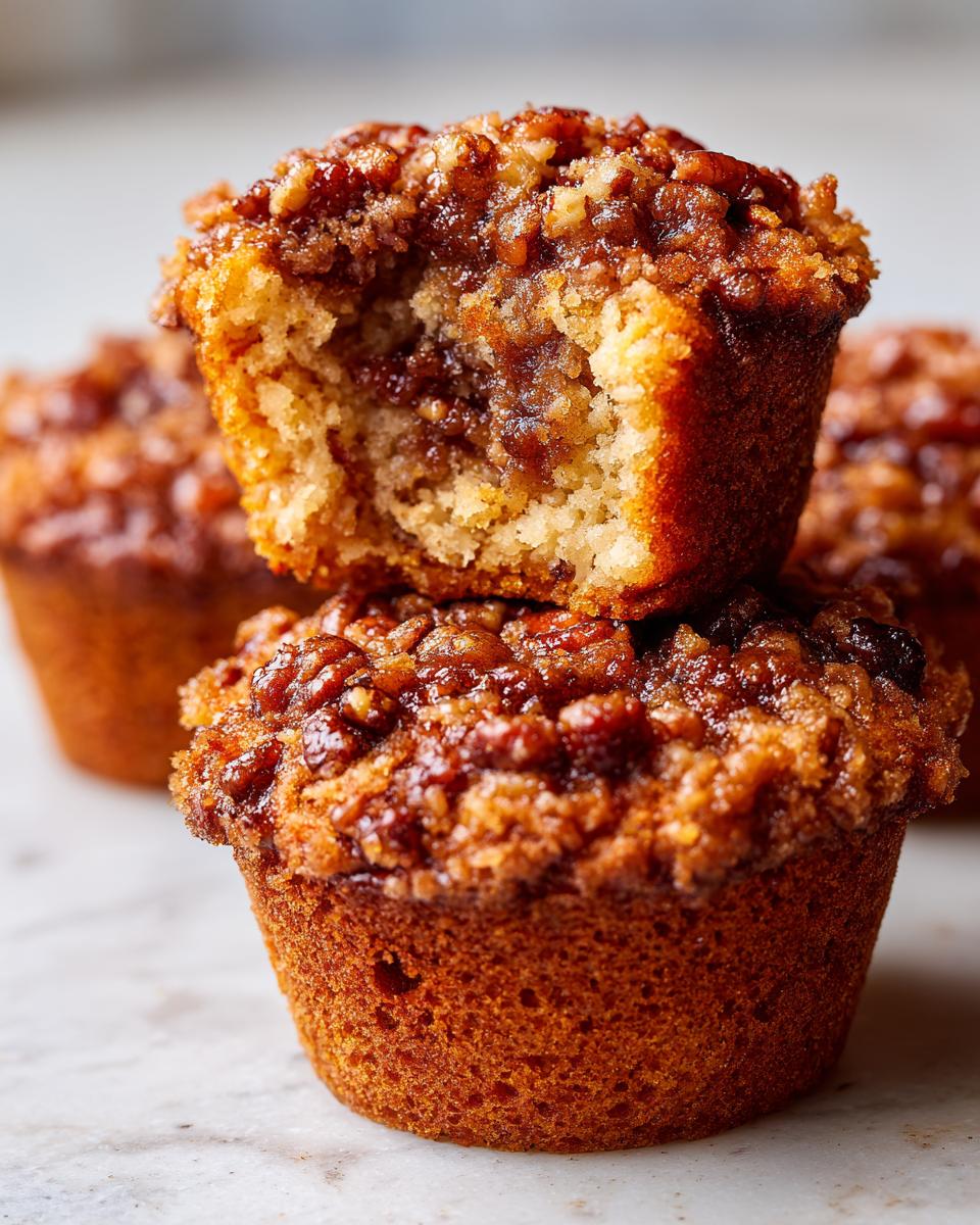 Close-up of two stacked pecan pie muffins, one broken open revealing a gooey center and pecan topping.