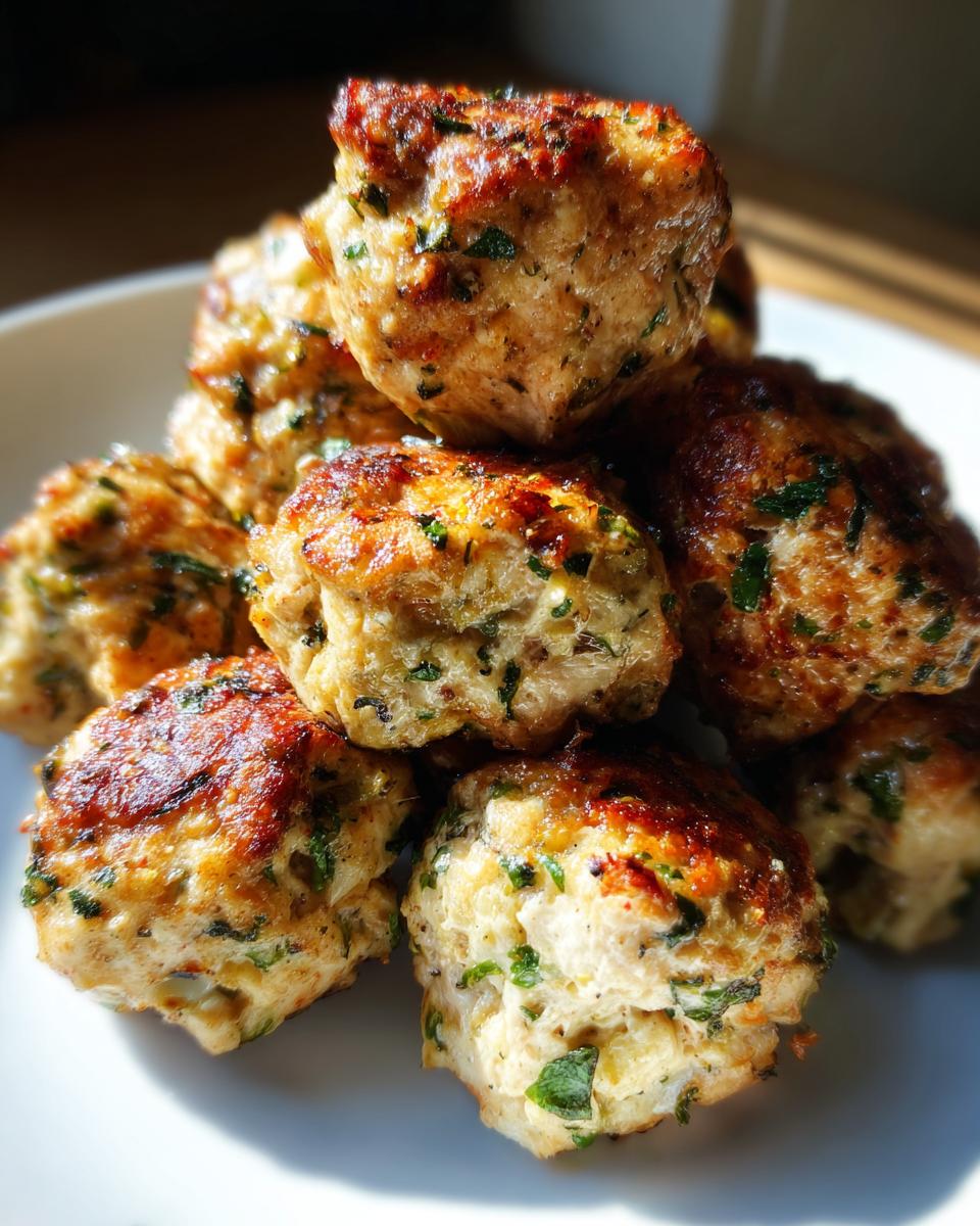 A close-up stack of golden brown, pan-seared greek chicken meatballs flecked with green herbs.