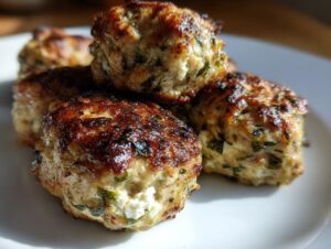 Close-up of several perfectly browned greek chicken meatballs stacked on a white plate, showing herbs and feta cheese.