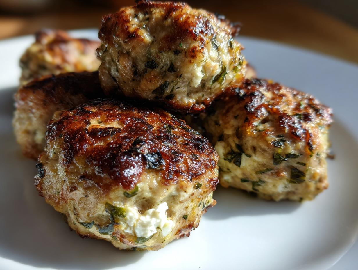 Close-up of several perfectly browned greek chicken meatballs stacked on a white plate, showing herbs and feta cheese.