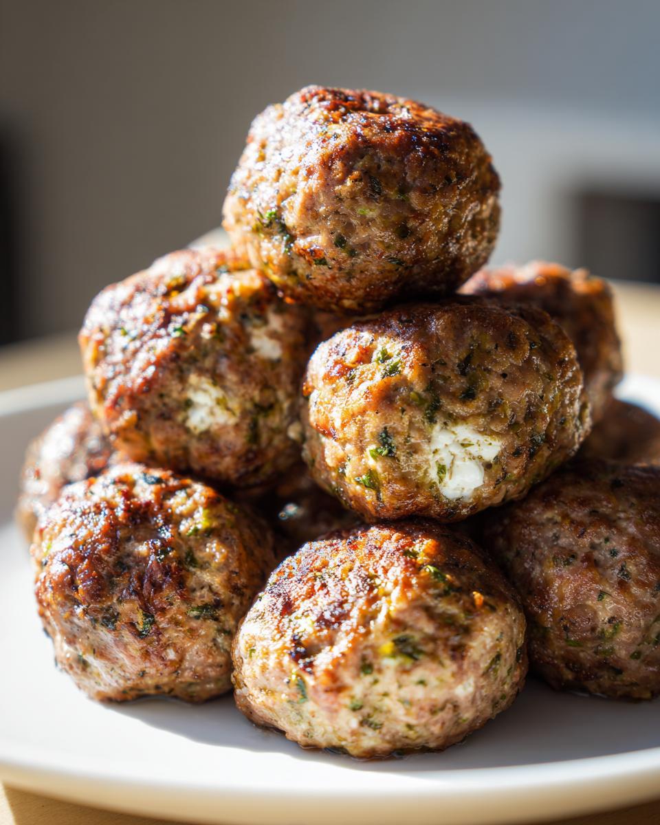A close-up stack of perfectly browned greek chicken meatballs, some showing visible feta cheese filling.