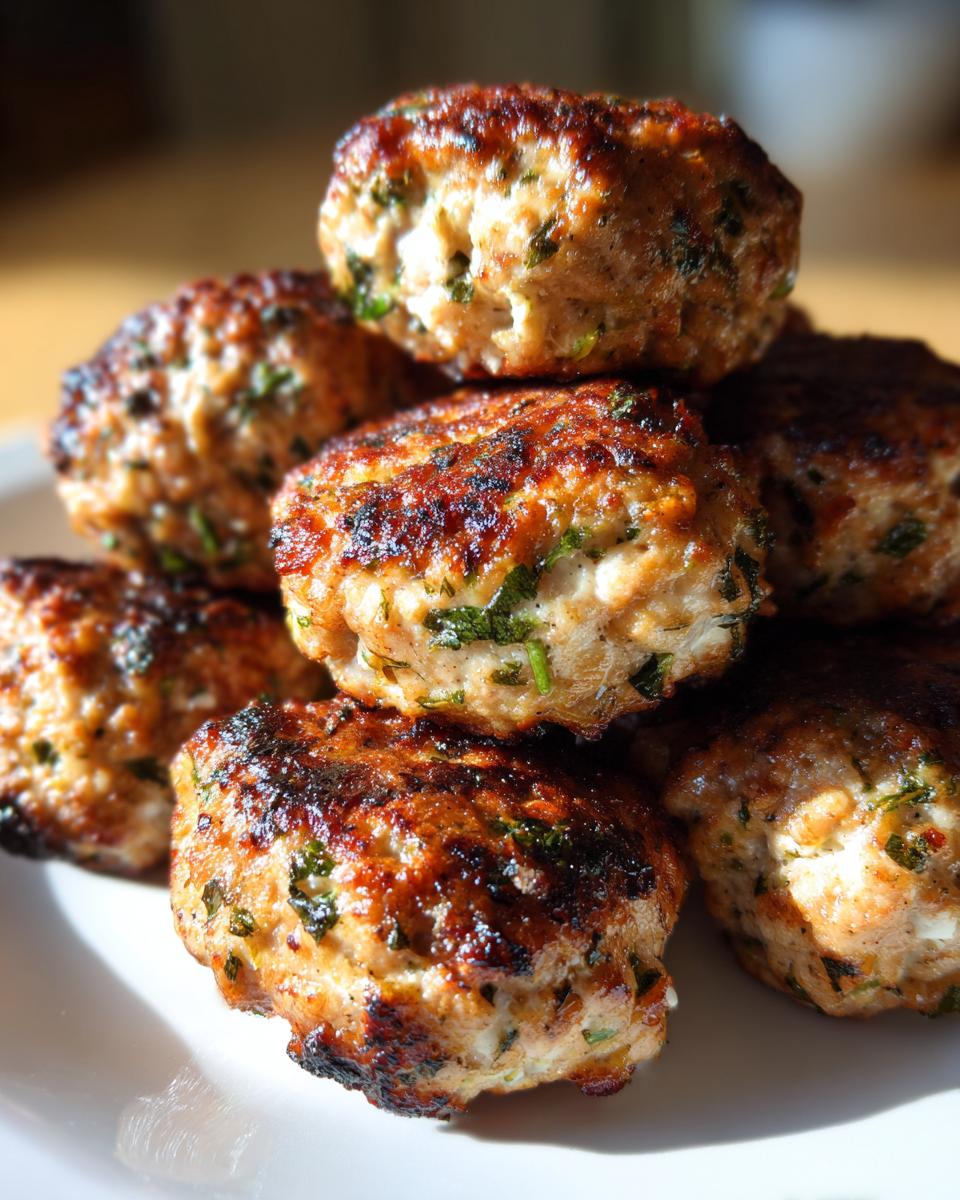 A close-up stack of golden-brown, pan-seared greek chicken meatballs seasoned with green herbs.