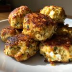A close-up stack of perfectly browned greek chicken meatballs, showing herbs and feta cheese texture inside.