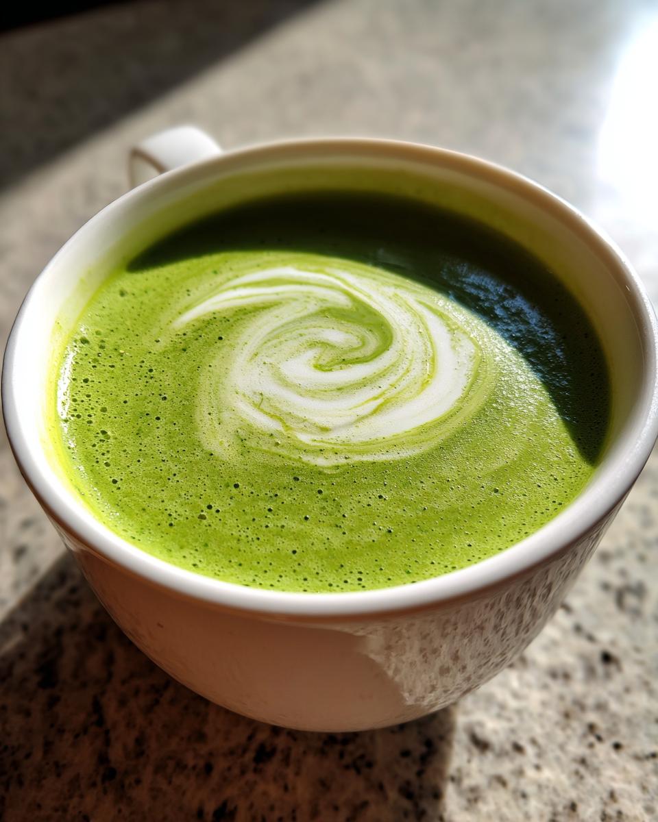 Close-up of a bright green beverage, likely matcha, in a white mug with white foam latte art swirl.