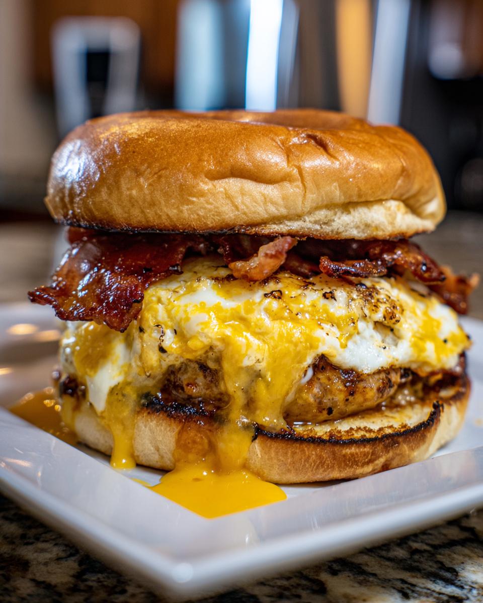 A close-up of a perfectly grilled burger topped with crispy bacon, a fried egg, and melted cheese.