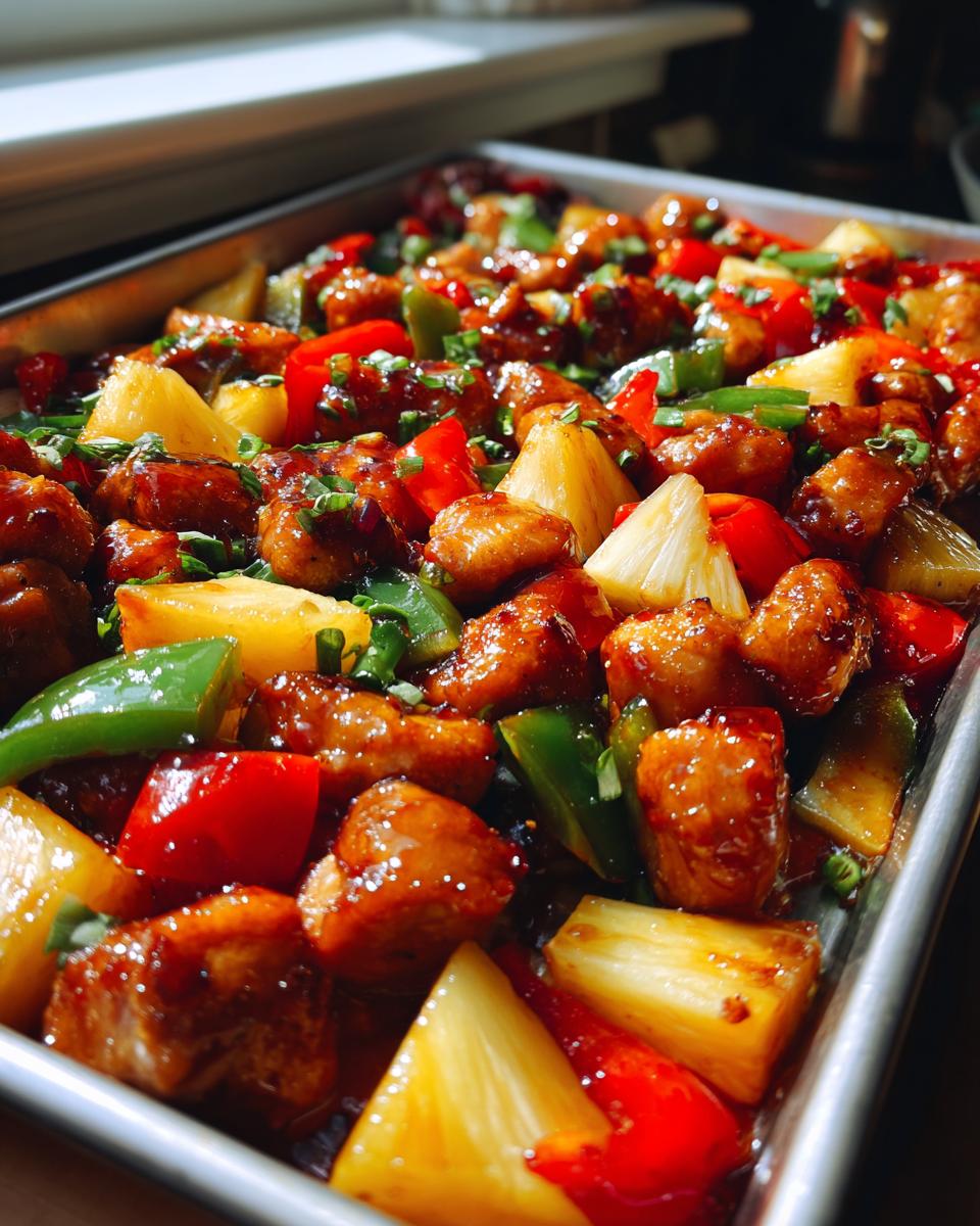 Close-up of glazed hawaiian chicken sheet pan with pineapple chunks, red and green peppers, and green onions.