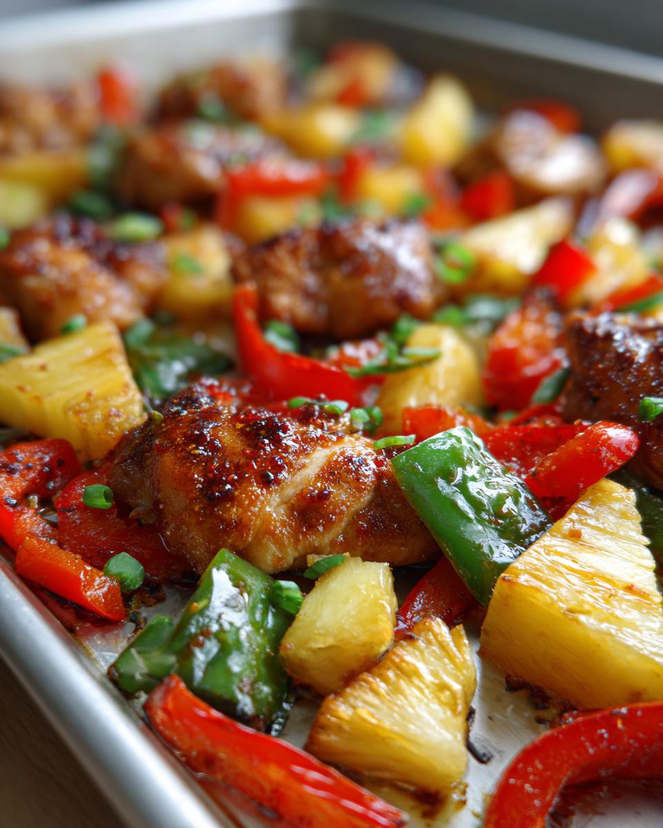 Close-up of glazed chicken pieces, pineapple chunks, and bell peppers on a sheet pan for hawaiian chicken sheet pan.