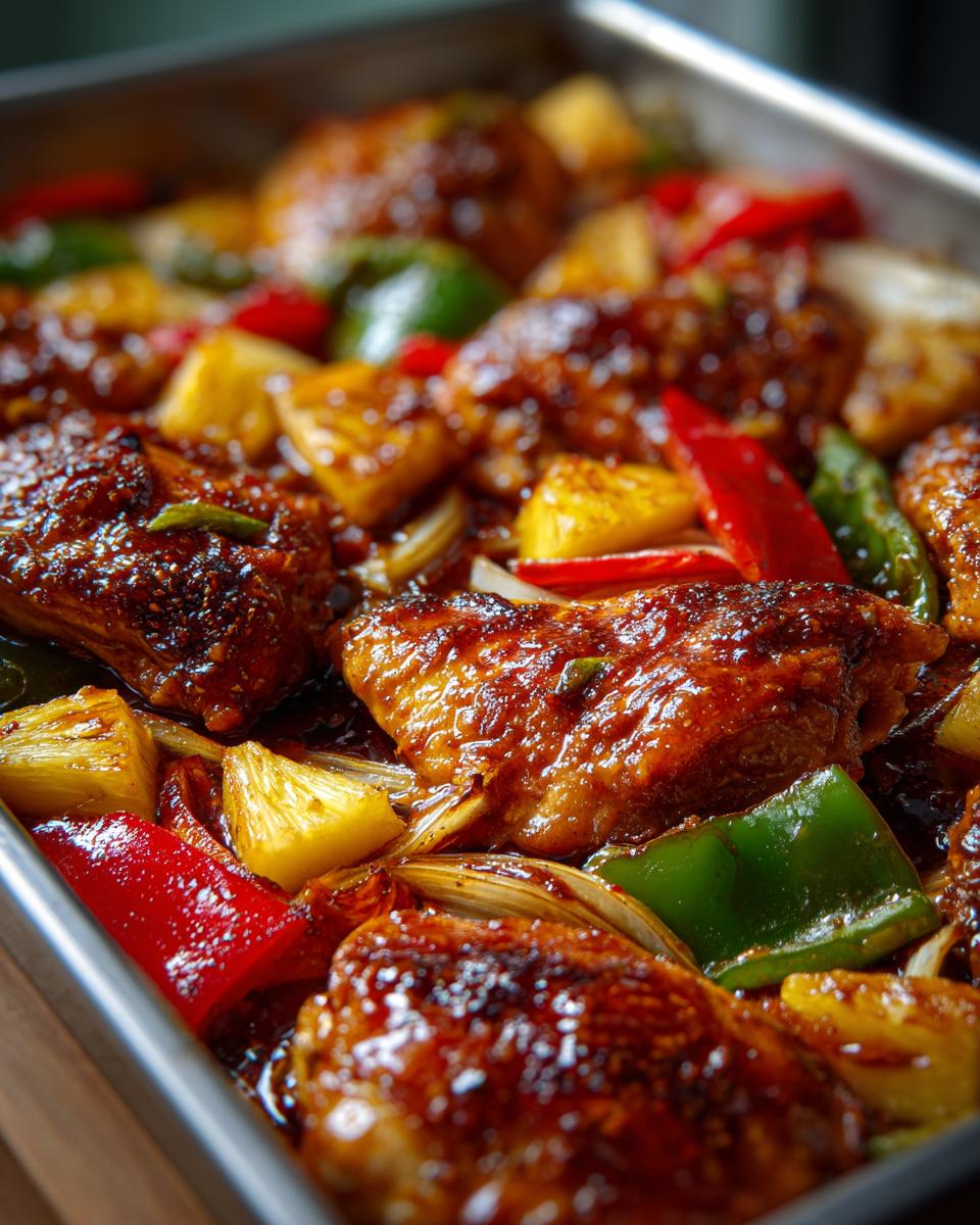 Close-up of juicy, glazed hawaiian chicken sheet pan pieces with pineapple, red and green peppers.