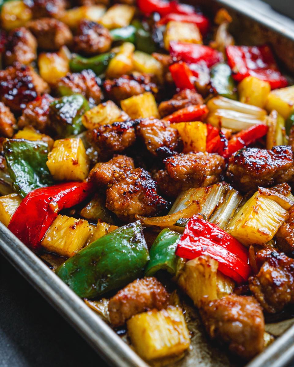 Close-up of caramelized chicken pieces, pineapple chunks, red and green peppers from the hawaiian chicken sheet pan.