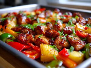 Close-up of glazed hawaiian chicken sheet pan with pineapple and colorful bell peppers, garnished with green onions.