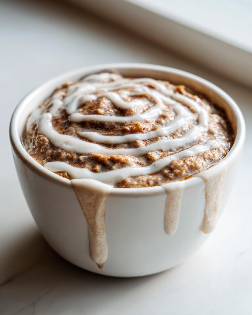 Close-up of high-protein overnight oats topped with a white, swirled icing drizzle dripping down the white bowl.