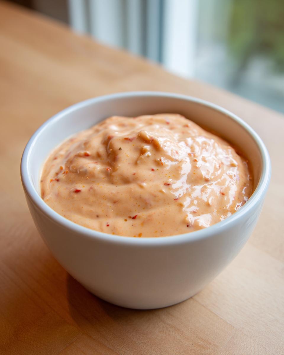 A close-up of creamy, orange-tinted homemade big mac sauce in a small white bowl.