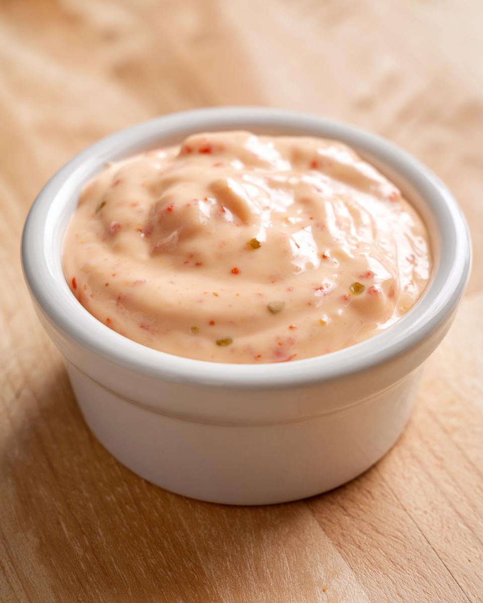 A close-up of creamy, pale orange homemade big mac sauce speckled with red and green relish pieces in a small white bowl.