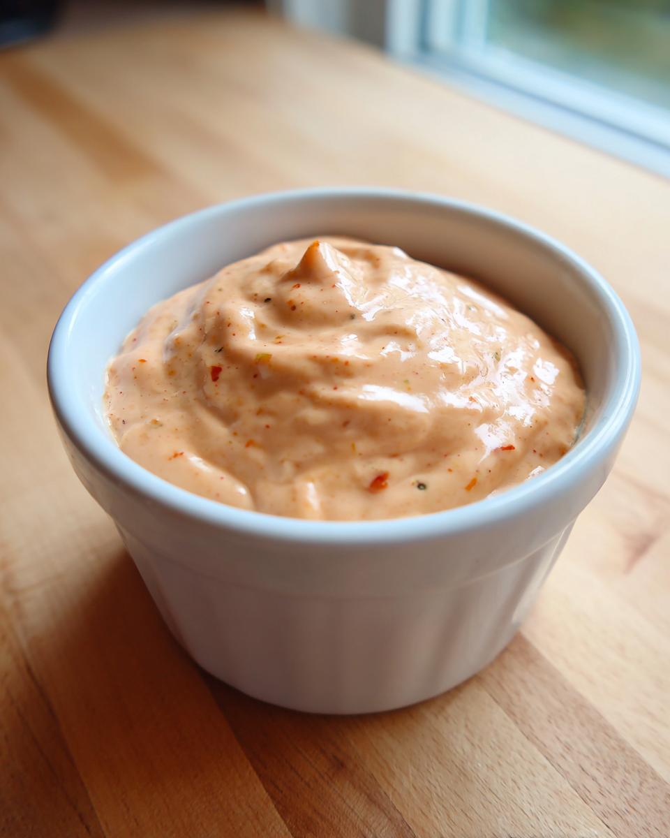 Close-up of creamy, orange-hued homemade Big Mac Sauce served in a small white ramekin on a wooden surface.