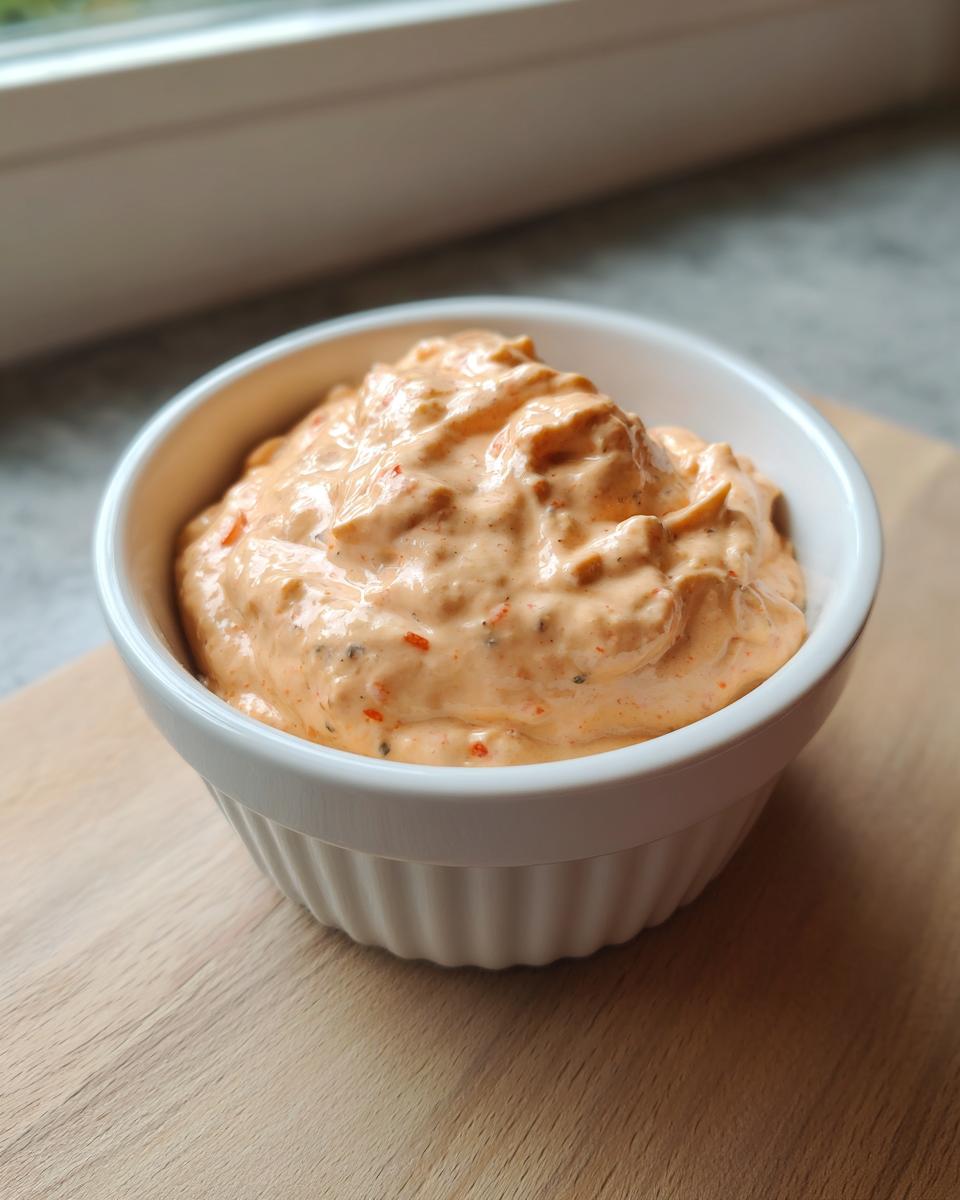 A small white ramekin filled high with creamy, orange-tinted homemade Big Mac sauce, resting on a wooden surface.