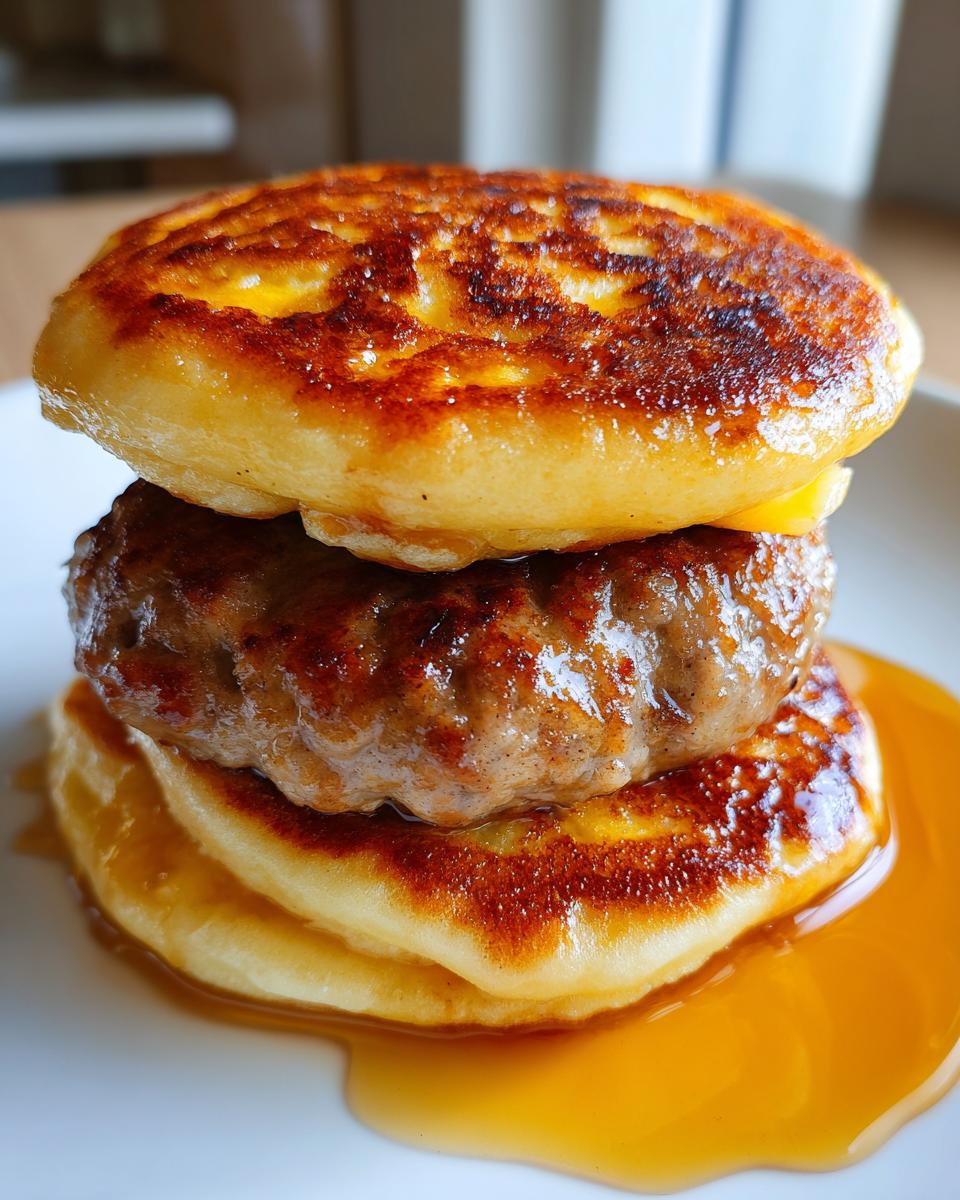 Close-up of stacked McGriddle bites featuring a sausage patty between two syrupy, golden pancakes.