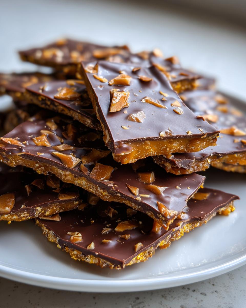 A stack of broken pieces of homemade toffee recipe bark topped with dark chocolate and crunchy toffee bits.