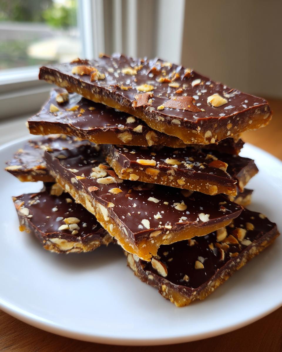 A stack of broken pieces of homemade toffee recipe, featuring a crunchy toffee base topped with dark chocolate and chopped nuts.