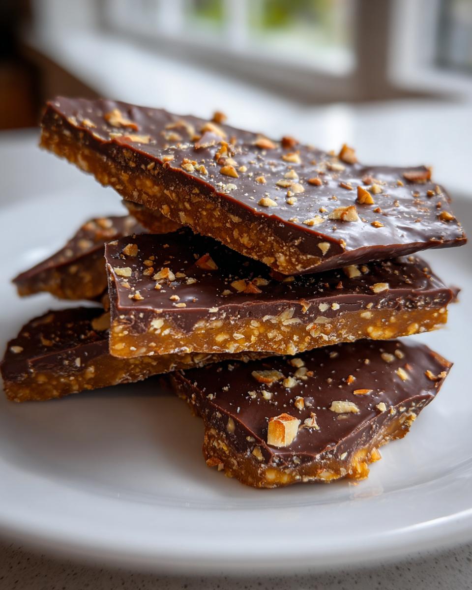 Stack of homemade toffee recipe bars featuring a crunchy toffee base, chocolate topping, and chopped nuts.